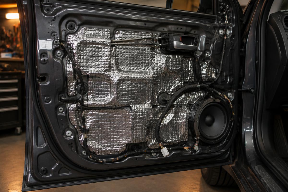 Sound dampening sheet and speaker installation in a car door in F-10 Islamabad